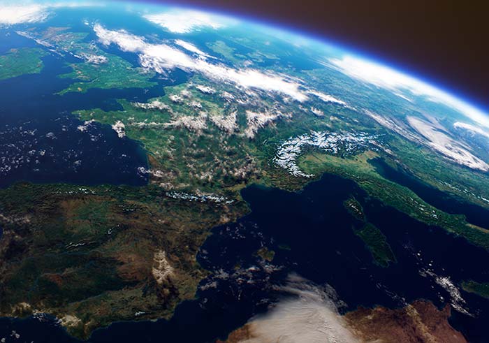 Cinematic space view of Europe, realistic planet Earth rotation in cosmos.